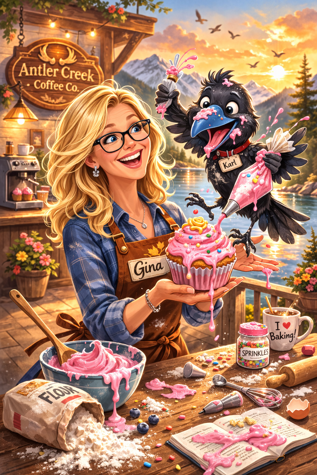 Gina baking with bird